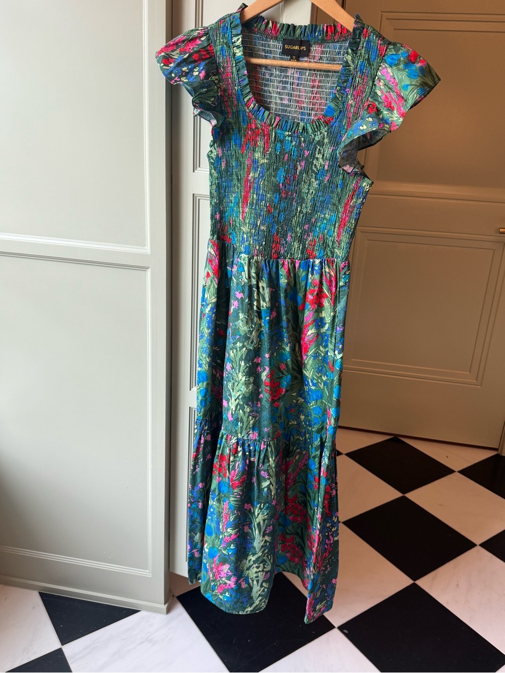Devin Floral Glare Smock Tiered Midi Dress